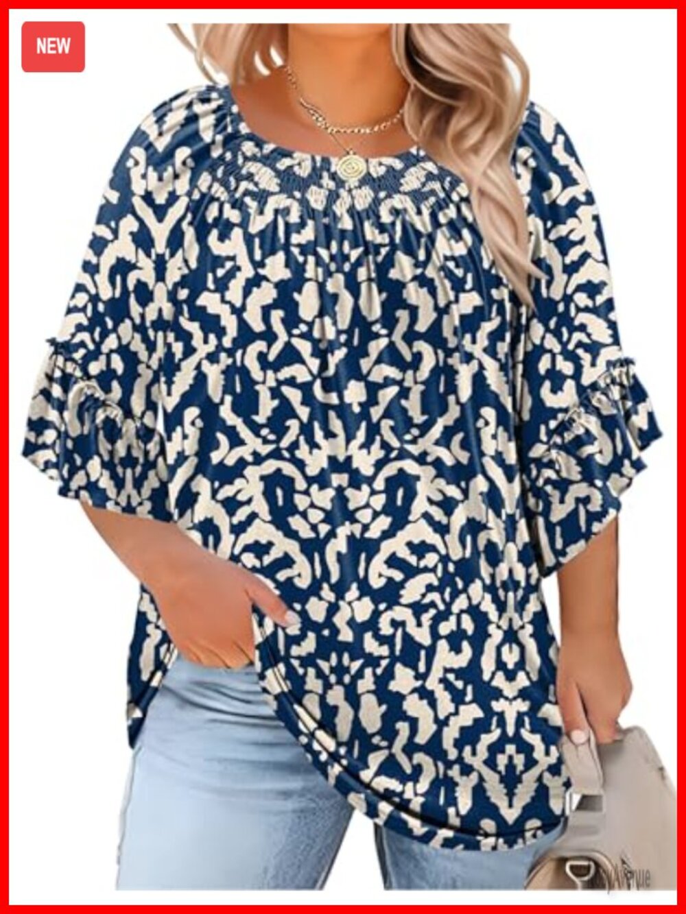 Women's Plus Size Peasant Top 3/4 Bell Ruffle Sleeve Crewneck Pleated Tunic